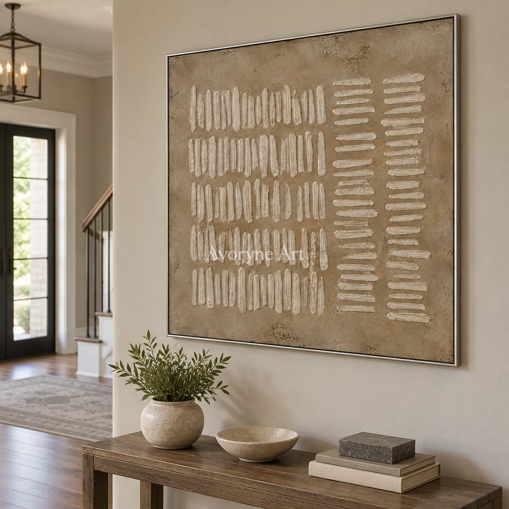 Woven Notation: Minimalist Beige Relief Wall Art — entry silver