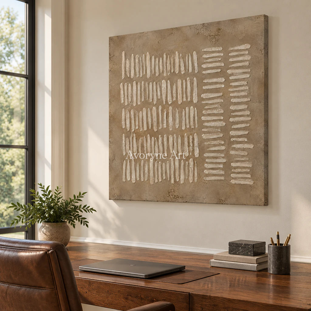 Woven Notation: Minimalist Beige Relief Wall Art — office frameless