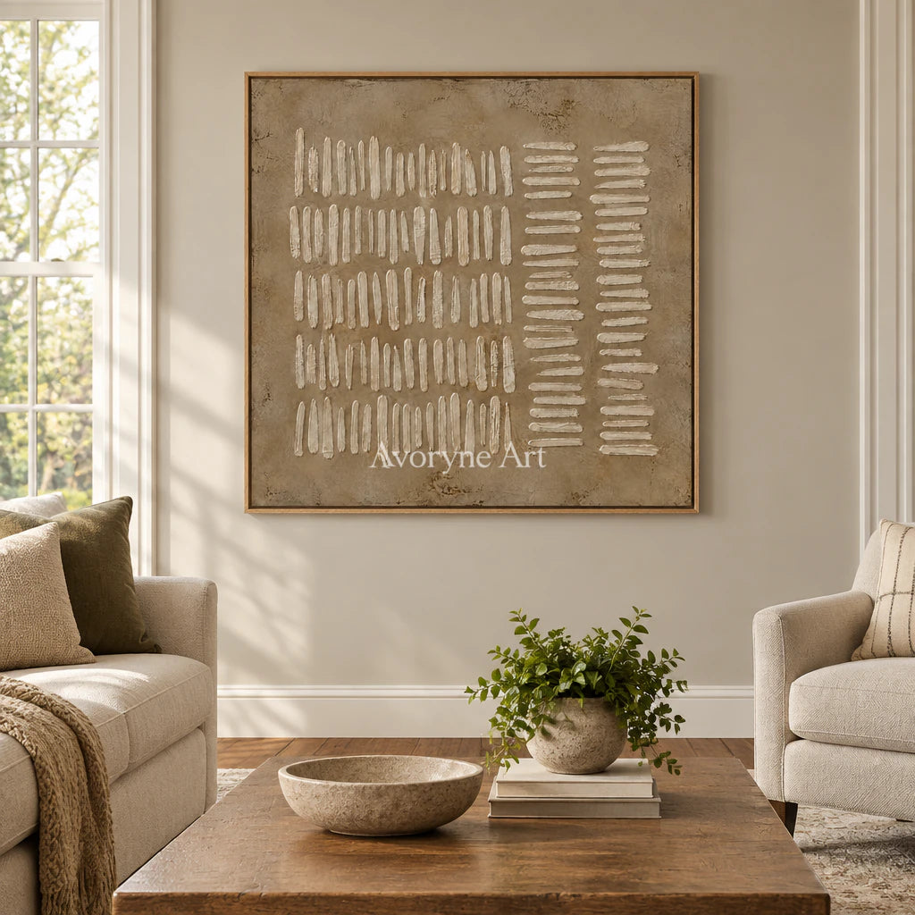 Woven Notation: Minimalist Beige Relief Wall Art — villa wood