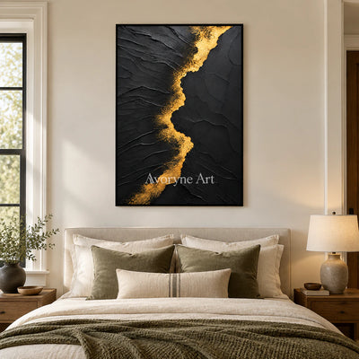 Golden Fissure: Minimalist Black Impasto Wall Art — bedroom black
