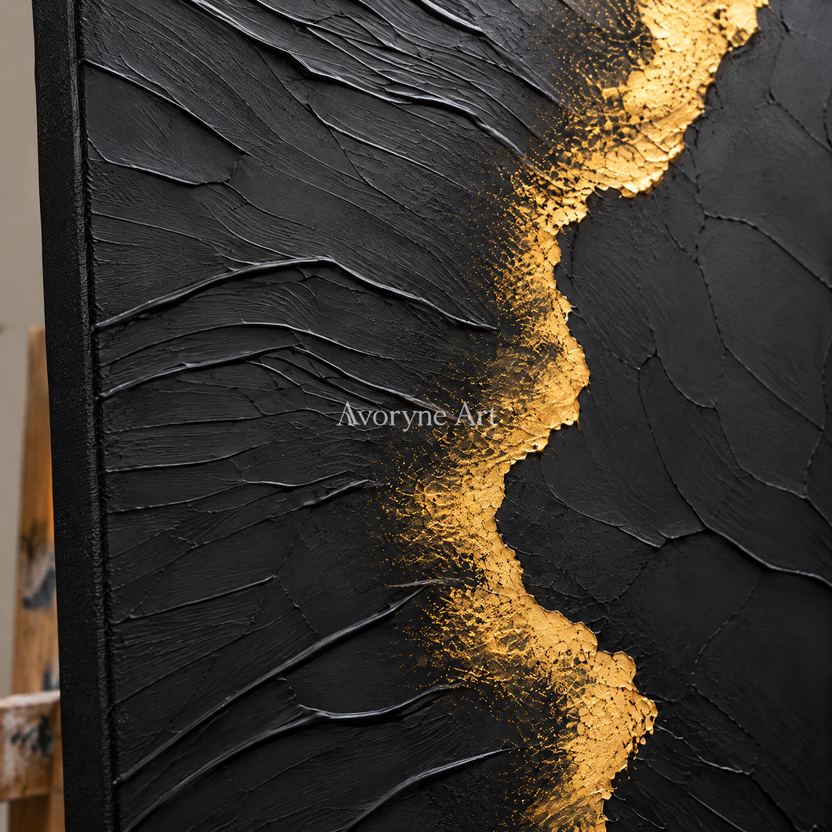 Golden Fissure: Minimalist Black Impasto Wall Art — detail easel