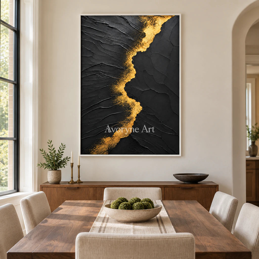 Golden Fissure: Minimalist Black Impasto Wall Art — dining white