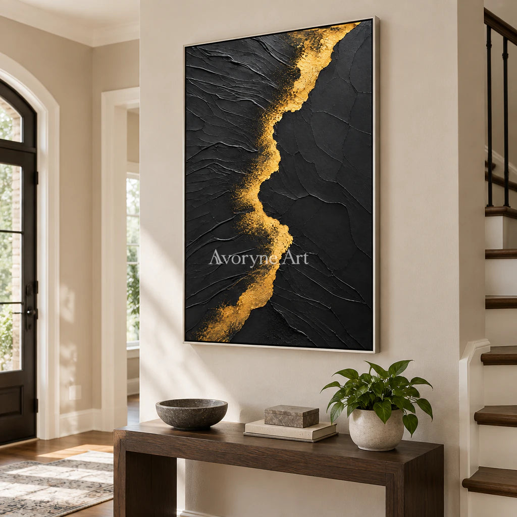 Golden Fissure: Minimalist Black Impasto Wall Art — entry silver