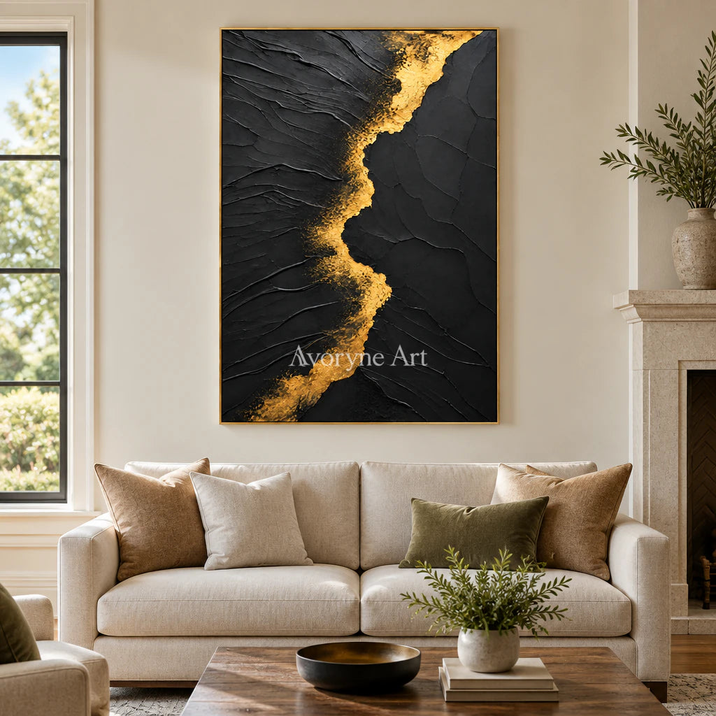 Golden Fissure: Minimalist Black Impasto Wall Art — living gold