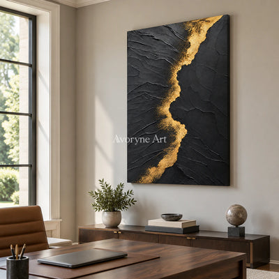 Golden Fissure: Minimalist Black Impasto Wall Art — office frameless