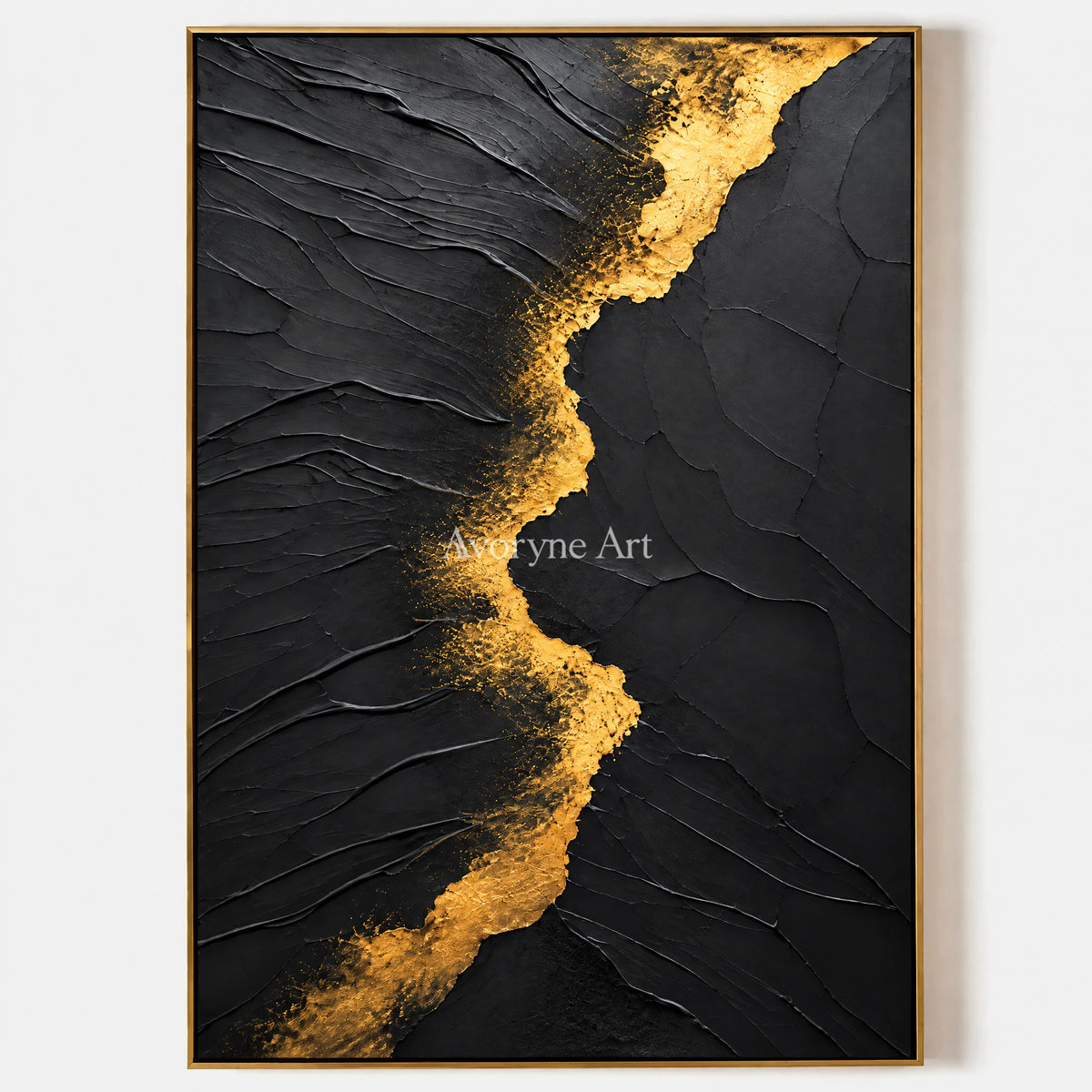 Golden Fissure: Minimalist Black Impasto Wall Art — primary