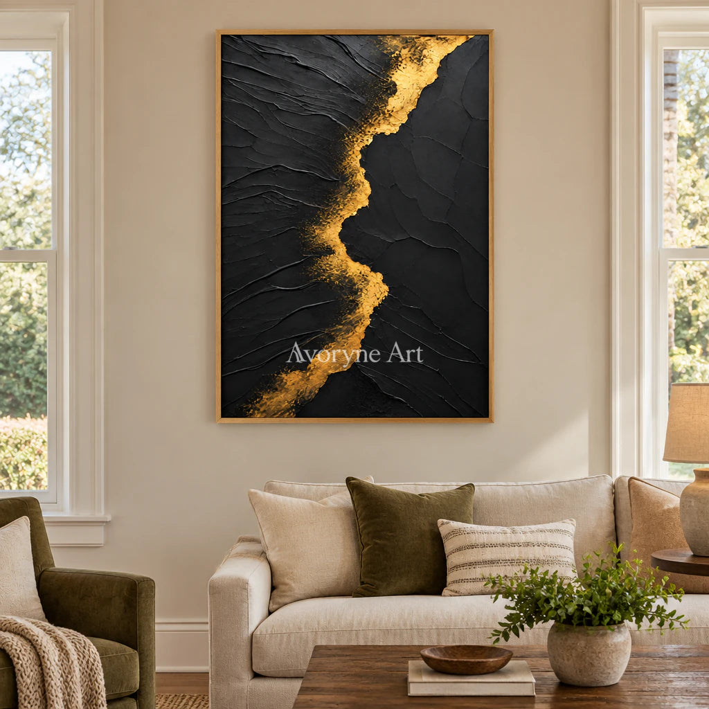 Golden Fissure: Minimalist Black Impasto Wall Art — villa wood