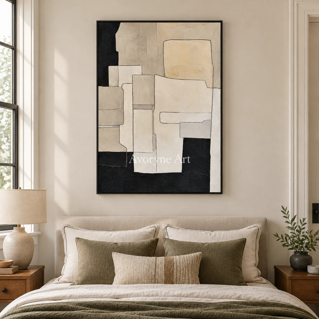 Ivory Assembly: Minimalist Block Abstract Wall Art — bedroom black