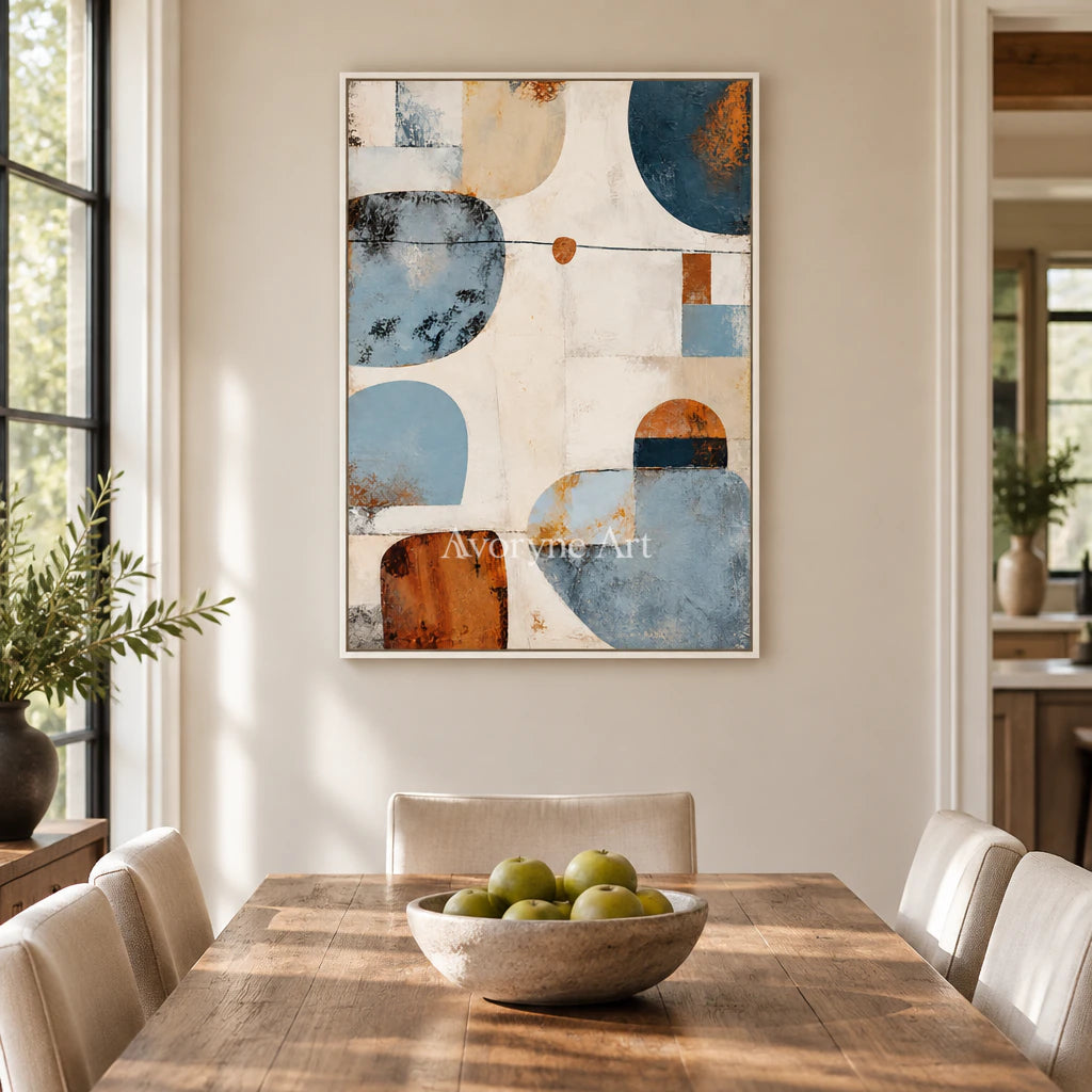 Soft Geometry: Minimalist Blue Abstract Wall Art — dining white
