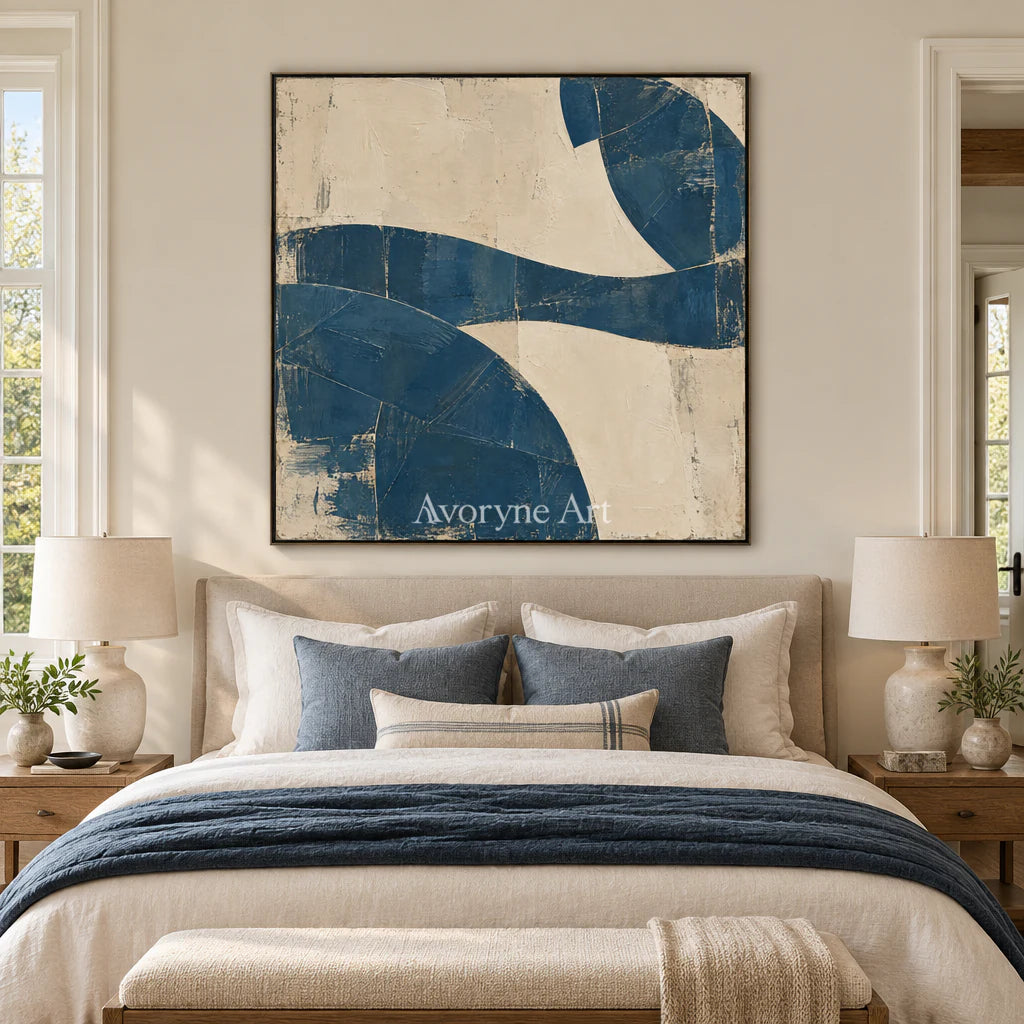 Indigo Interval: Minimalist Blue Abstract Wall Art — bedroom black