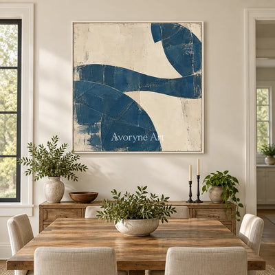 Indigo Interval: Minimalist Blue Abstract Wall Art — dining white