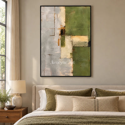 Olive Structure: Minimalist Green Abstract Wall Art — bedroom black