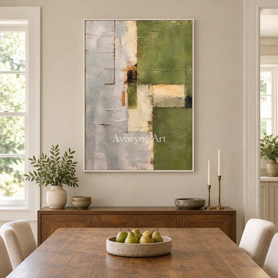 Olive Structure: Minimalist Green Abstract Wall Art — dining white