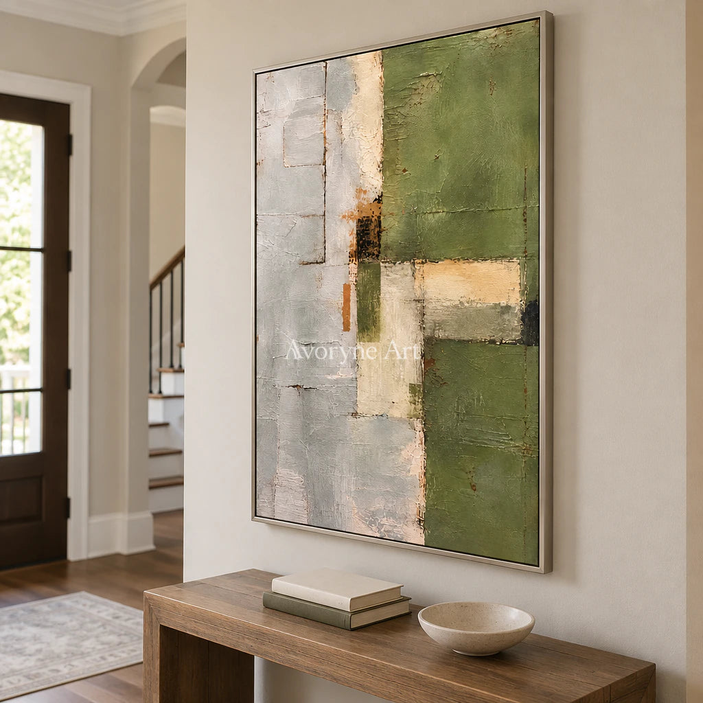 Olive Structure: Minimalist Green Abstract Wall Art — entry silver