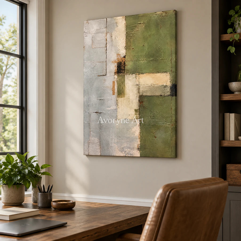 Olive Structure: Minimalist Green Abstract Wall Art — office frameless