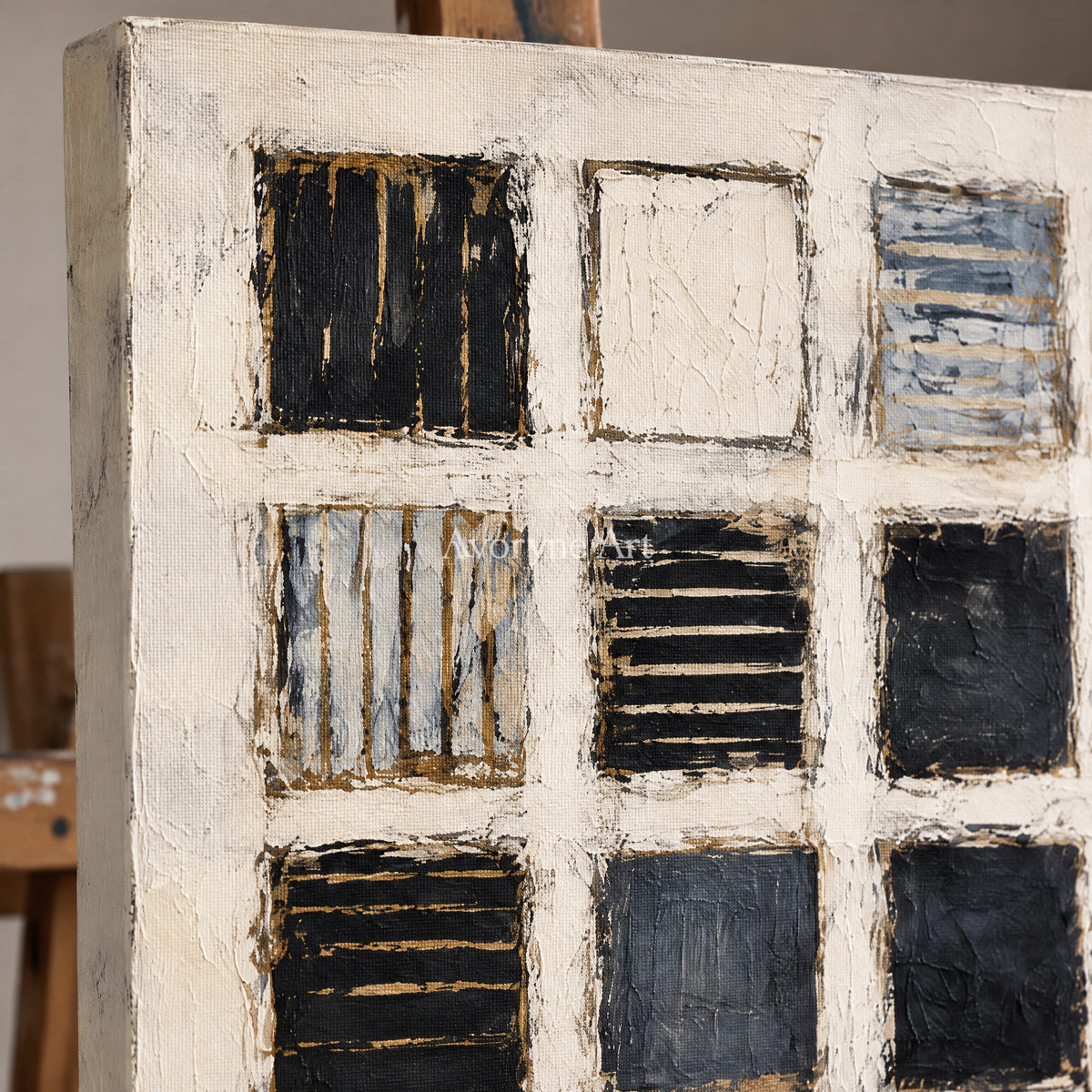 Checkered Pause: Minimalist Grid Abstract Wall Art — detail easel
