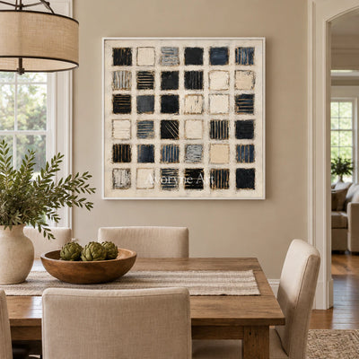 Checkered Pause: Minimalist Grid Abstract Wall Art — dining white