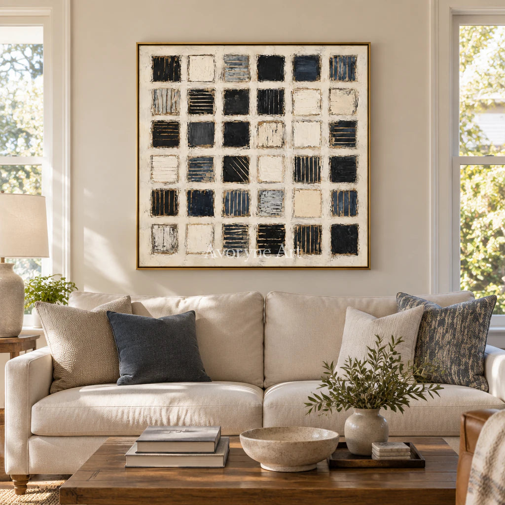 Checkered Pause: Minimalist Grid Abstract Wall Art — living gold