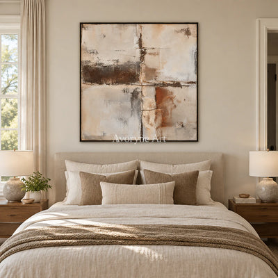 Worn Crossings: Minimalist Grid Abstract Wall Art — bedroom black