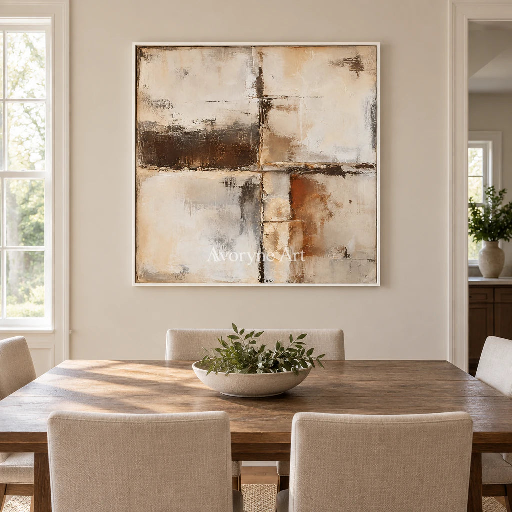 Worn Crossings: Minimalist Grid Abstract Wall Art — dining white
