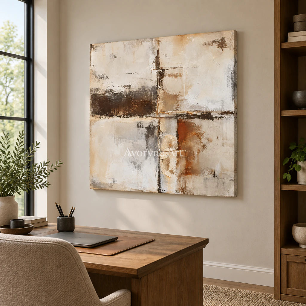 Worn Crossings: Minimalist Grid Abstract Wall Art — office frameless
