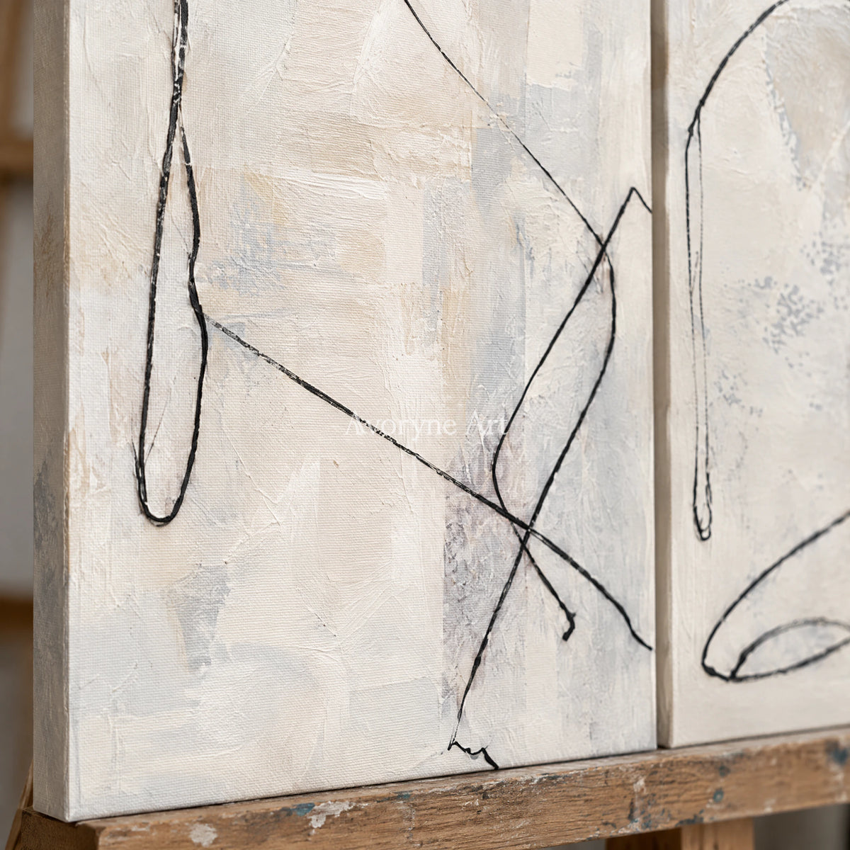 Paired Traces: Minimalist Line Art Diptych Wall Art — detail easel
