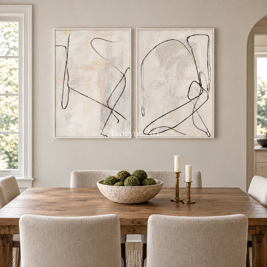 Paired Traces: Minimalist Line Art Diptych Wall Art — dining white