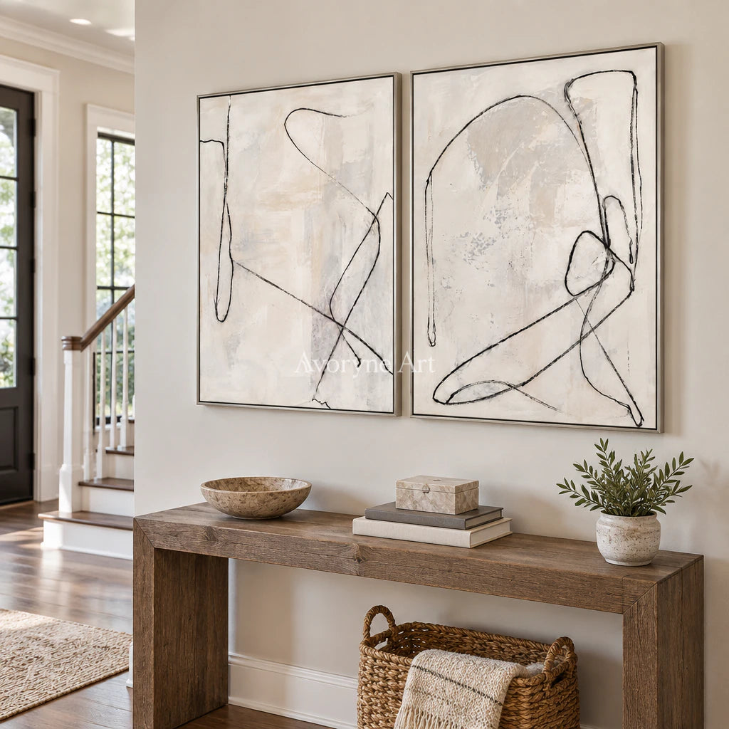 Paired Traces: Minimalist Line Art Diptych Wall Art — entry silver