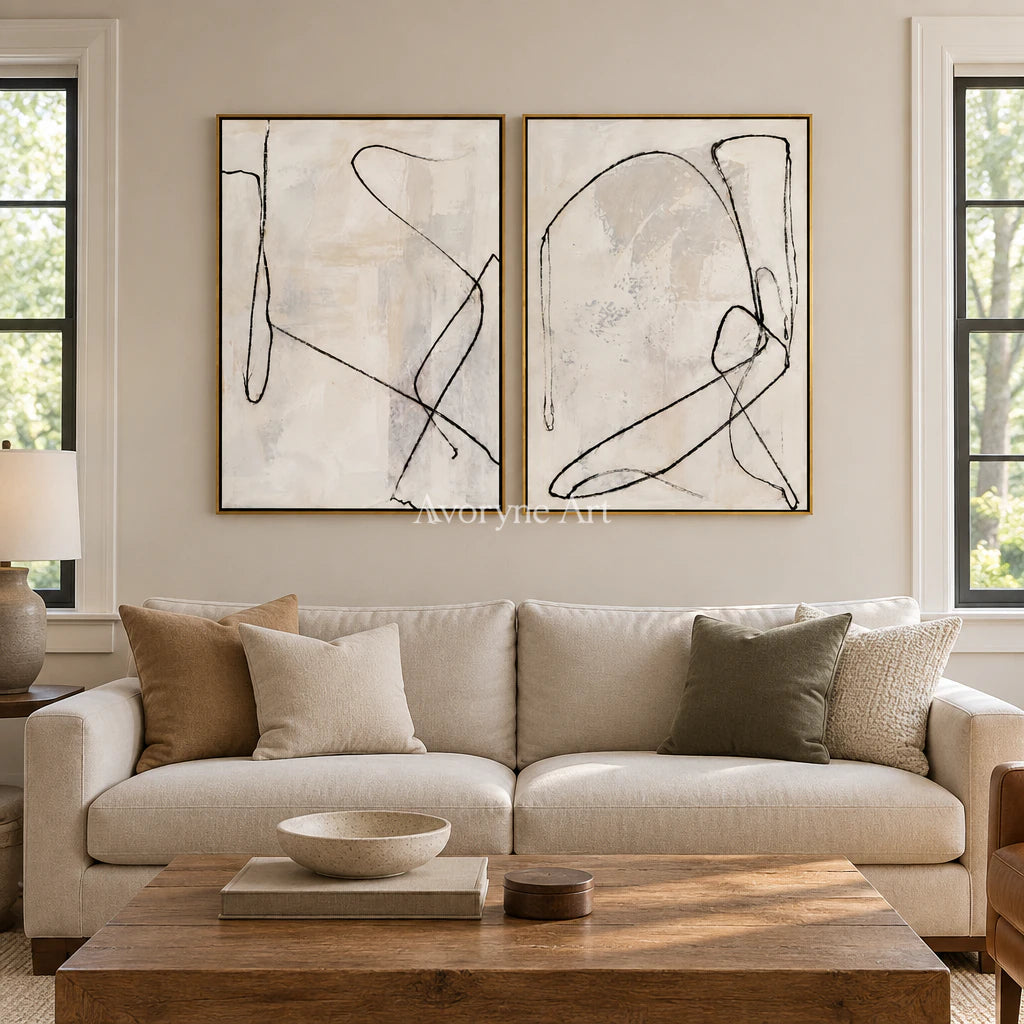 Paired Traces: Minimalist Line Art Diptych Wall Art — living gold