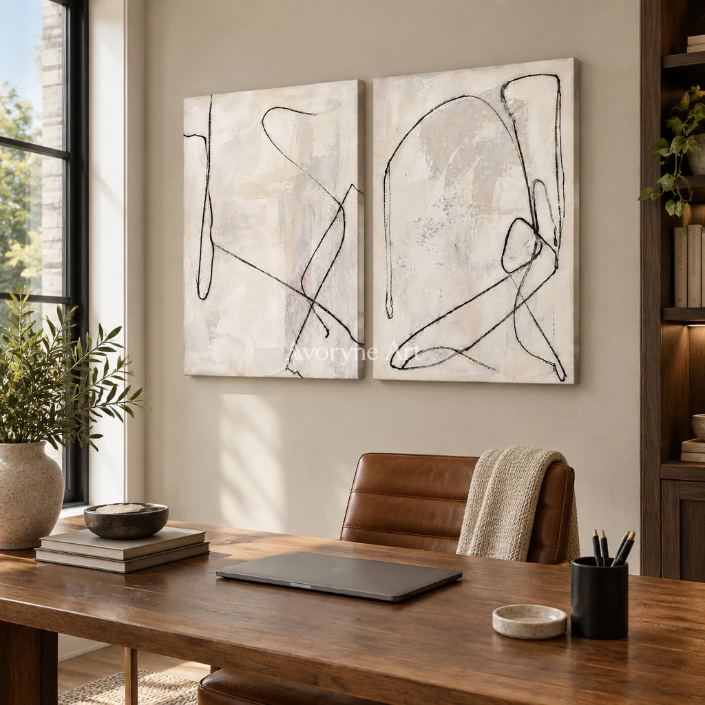 Paired Traces: Minimalist Line Art Diptych Wall Art — office frameless