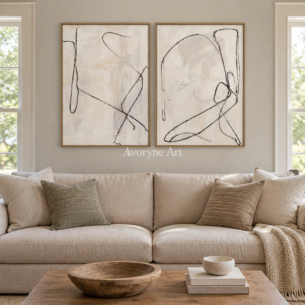 Paired Traces: Minimalist Line Art Diptych Wall Art — villa wood