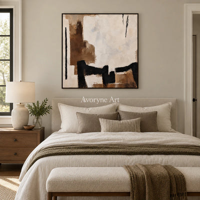 Earthen Pause: Minimalist Neutral Abstract Wall Art — bedroom black