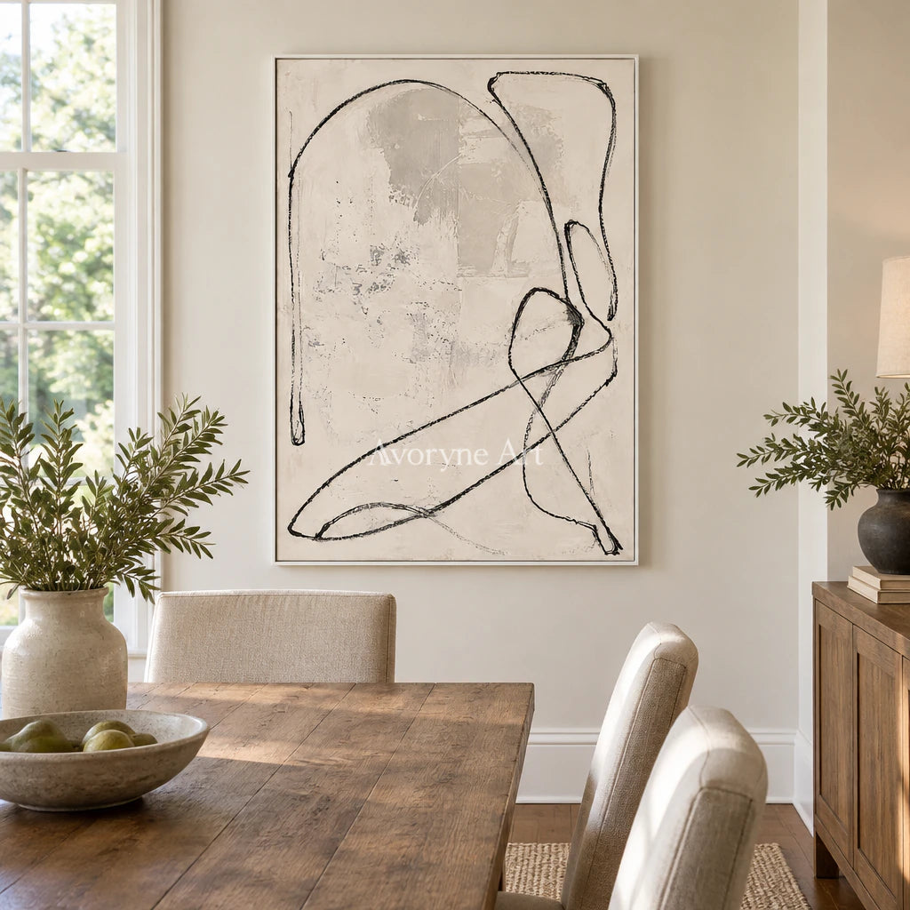 Quiet Orbit: Minimalist Textured Beige Line Wall Art — dining white