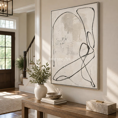 Quiet Orbit: Minimalist Textured Beige Line Wall Art — entry silver