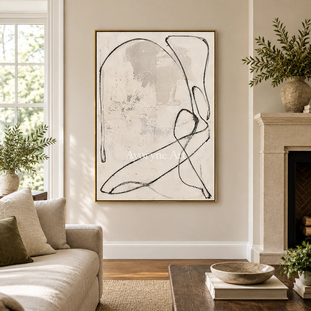 Quiet Orbit: Minimalist Textured Beige Line Wall Art — living gold