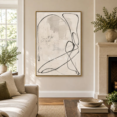 Quiet Orbit: Minimalist Textured Beige Line Wall Art — living gold