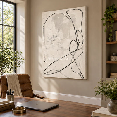 Quiet Orbit: Minimalist Textured Beige Line Wall Art — office frameless