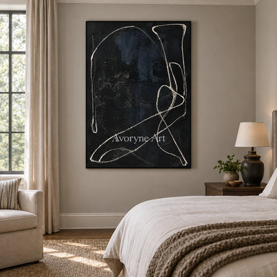 Night Orbit: Minimalist Textured Black Line Wall Art — bedroom black
