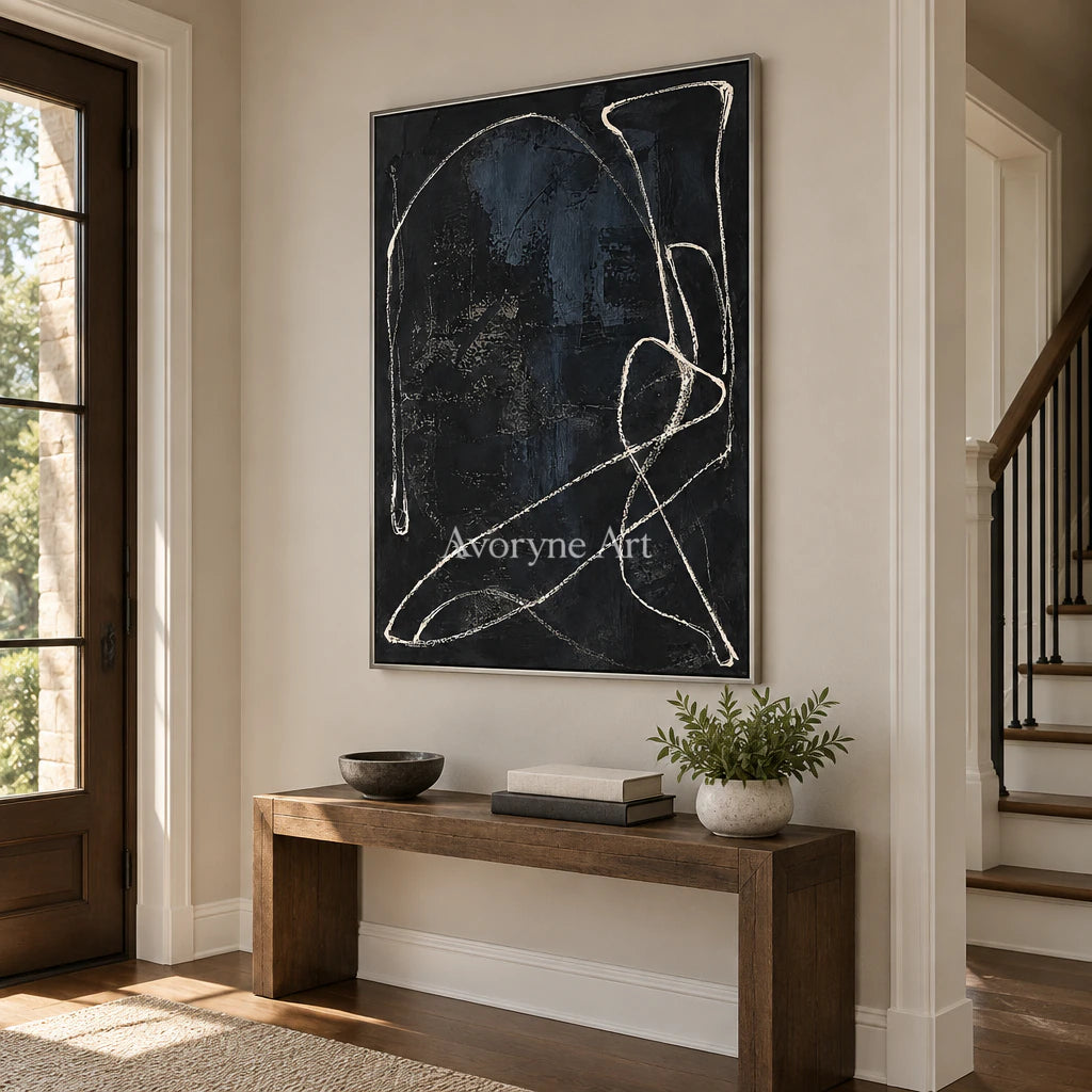 Night Orbit: Minimalist Textured Black Line Wall Art — entry silver
