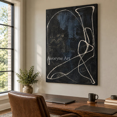 Night Orbit: Minimalist Textured Black Line Wall Art — office frameless