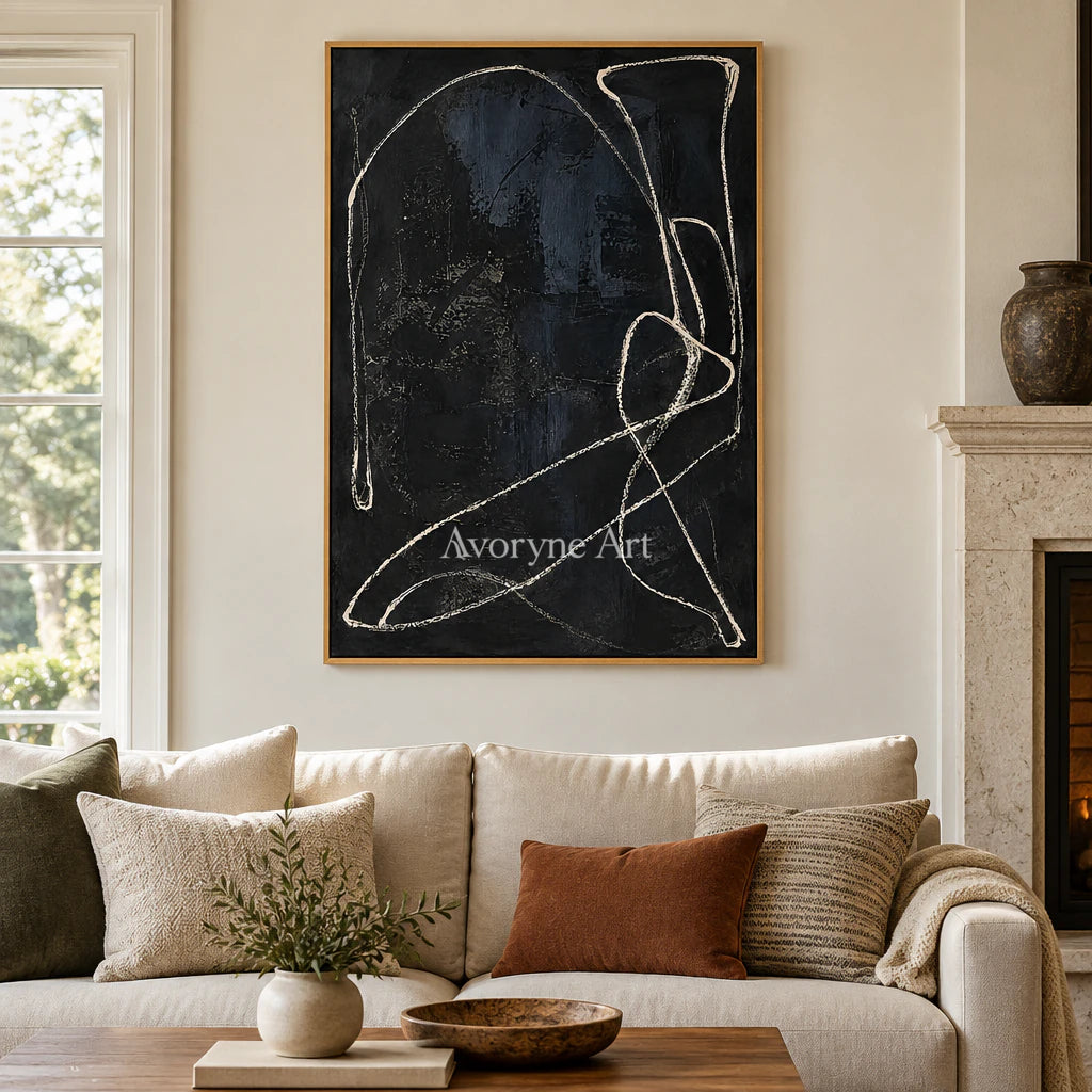 Night Orbit: Minimalist Textured Black Line Wall Art — villa wood