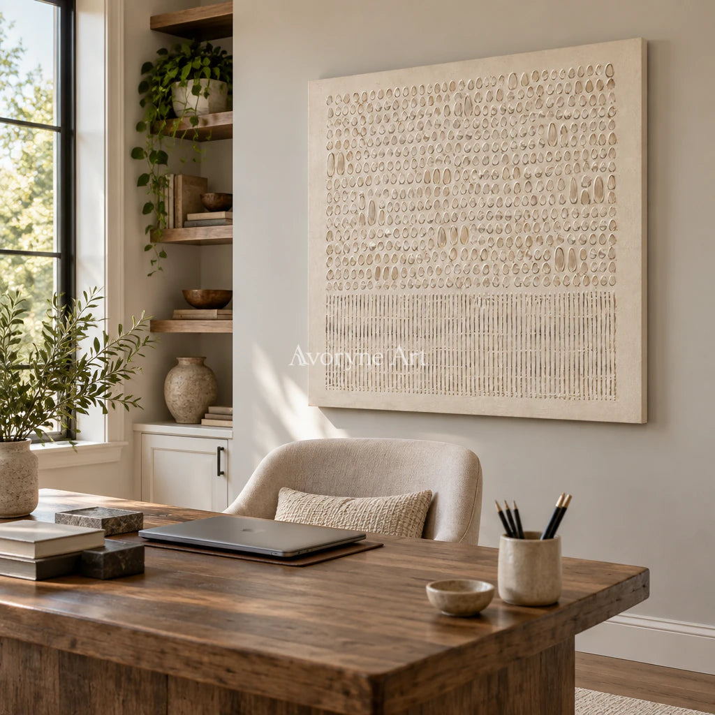 Ivory Script: Minimalist Textured Relief Wall Art — office frameless