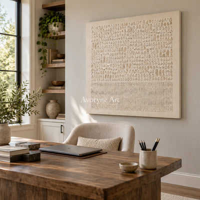 Ivory Script: Minimalist Textured Relief Wall Art — office frameless