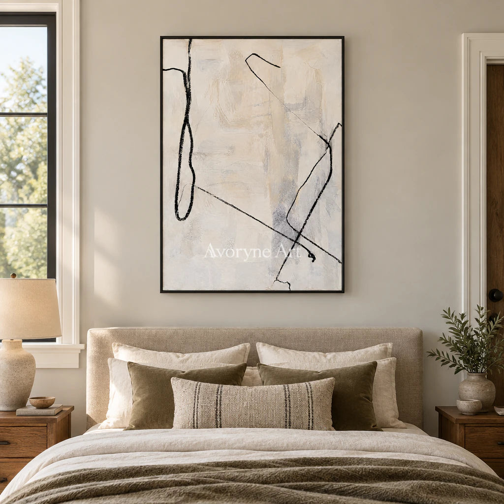Open Trace: Minimalist Textured White Line Wall Art — bedroom black
