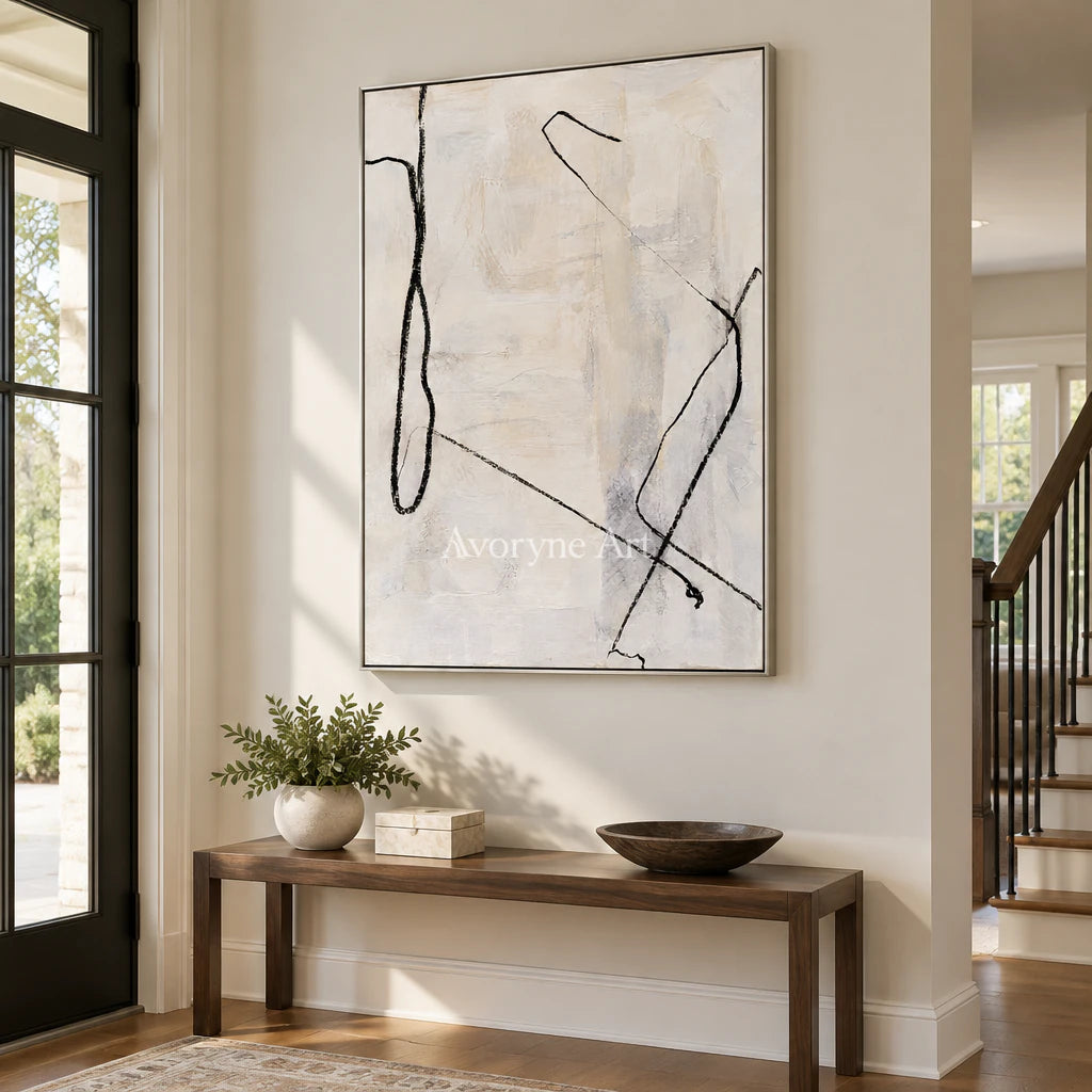 Open Trace: Minimalist Textured White Line Wall Art — entry silver