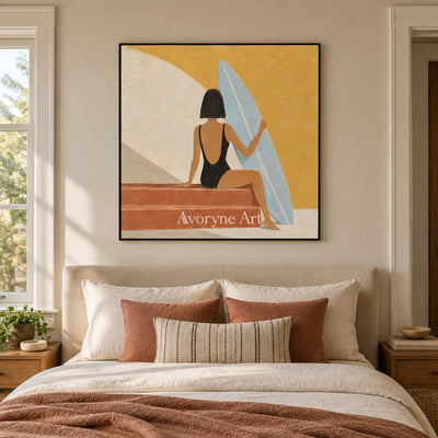 Sunlit Repose: Minimalist Yellow Figure Wall Art — bedroom black