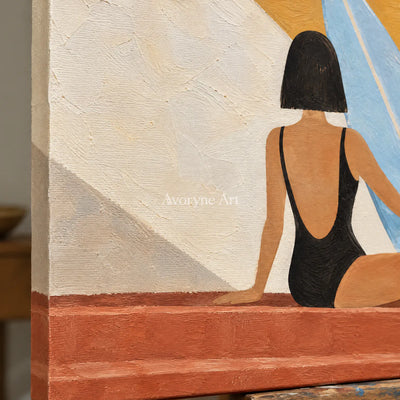 Sunlit Repose: Minimalist Yellow Figure Wall Art — detail easel