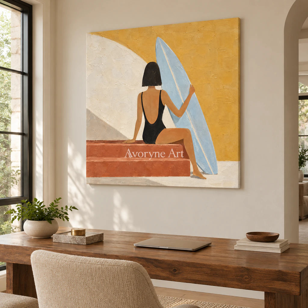 Sunlit Repose: Minimalist Yellow Figure Wall Art — office frameless