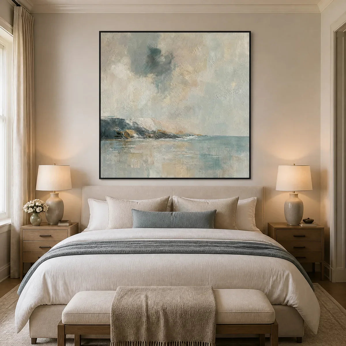 Misty Shore: Blue Coastal Wall Art - bedroom black frame