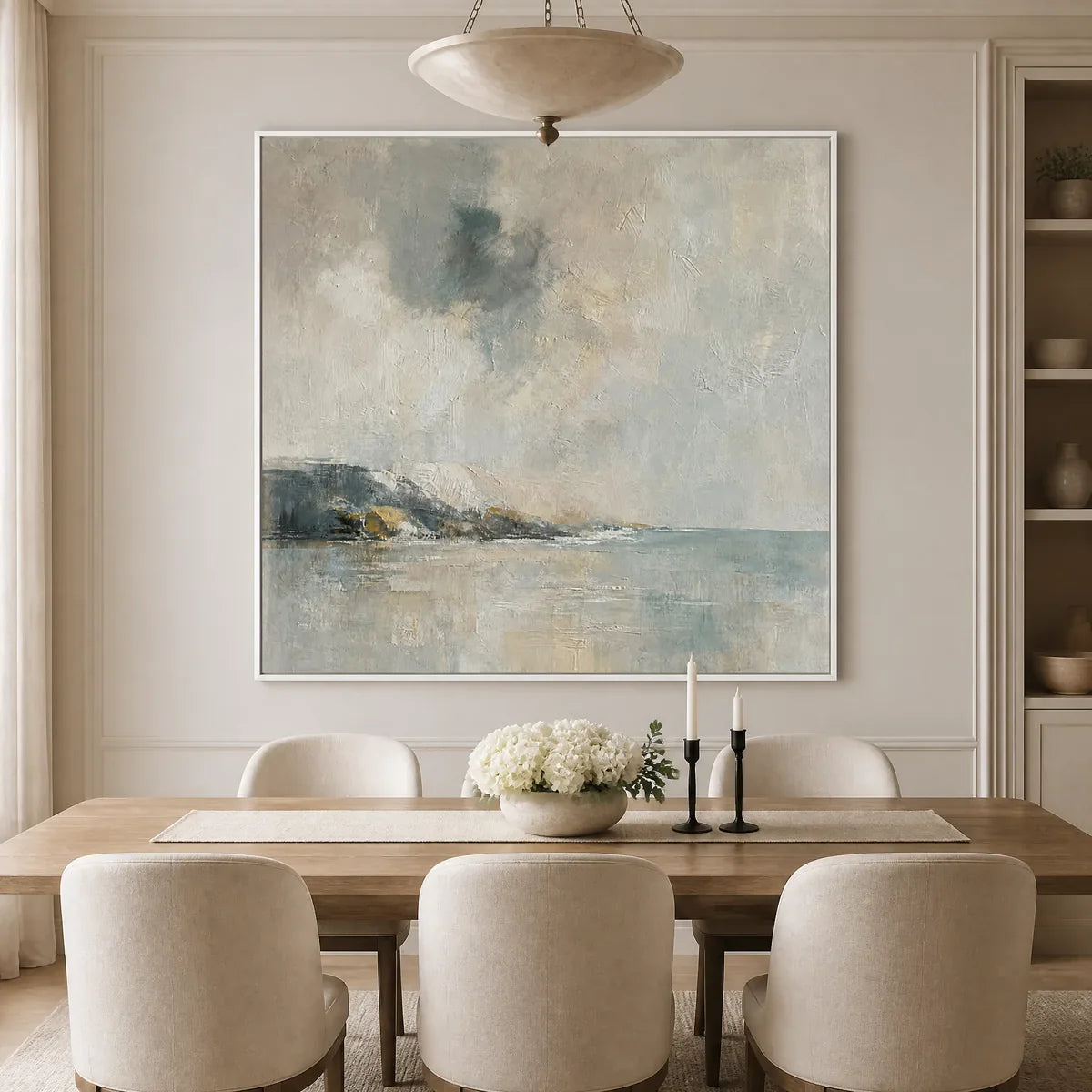Misty Shore: Blue Coastal Wall Art - dining room white frame